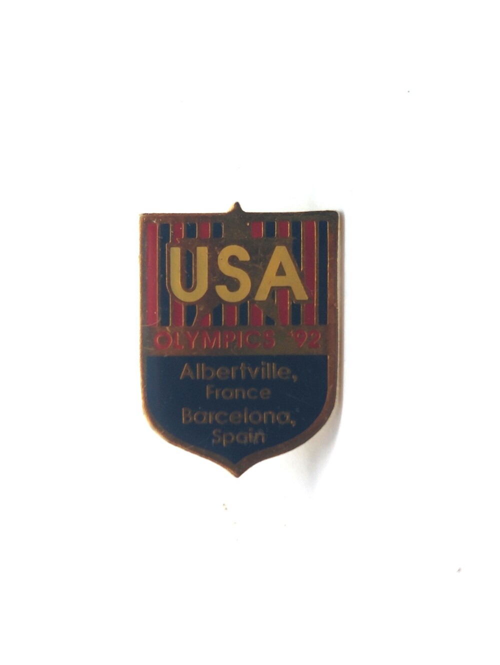 USA Olympics 1992 Pin Albertville France Barcelona Spain Shield Vintage